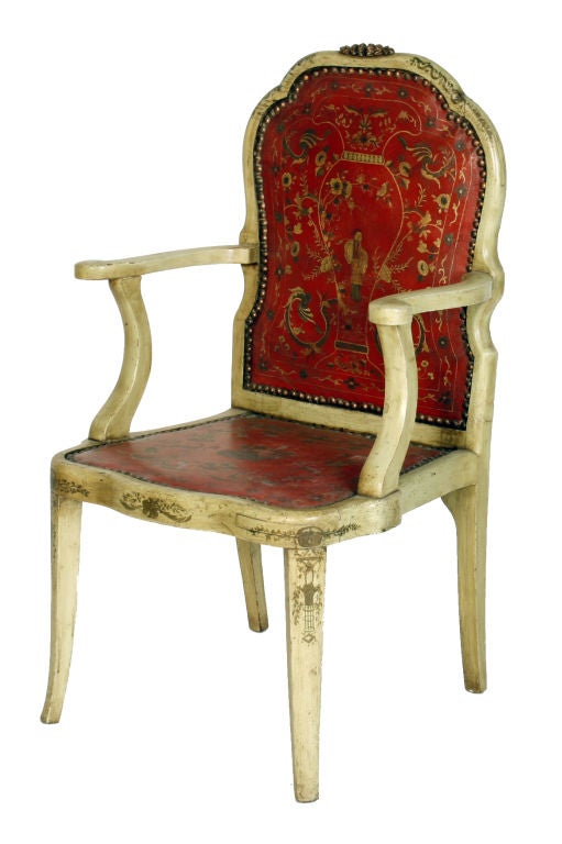 These chinoiserie decorated Neoclassical chairs are very uniquely detailed. All ten dining chairs have beautifully carved, painted and gilt decorated  frames. The custom red leather seats and backs are gilt and embossed with whimsical Asian