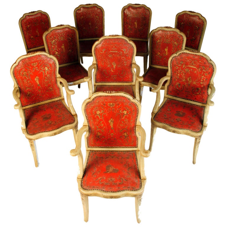 10 Continental Neoclassical Embossed & Gilded Leather Upholster