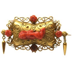 Italian Coral Pearl and Gold Brooch