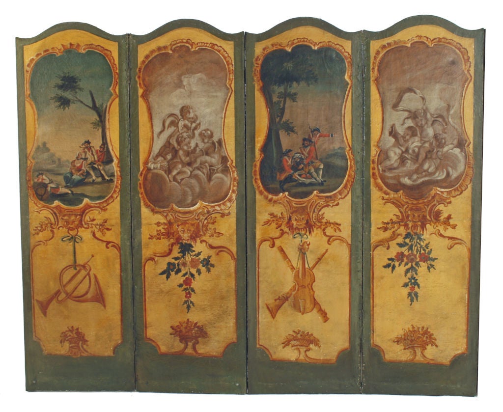 A French eight-panel canvas screen late 18th-early 19th century, with alternating hand-painted scenes. Each scene alternates from soldiers in various activities to cupids with arrows, an interesting contrast between the images of war and of peace.