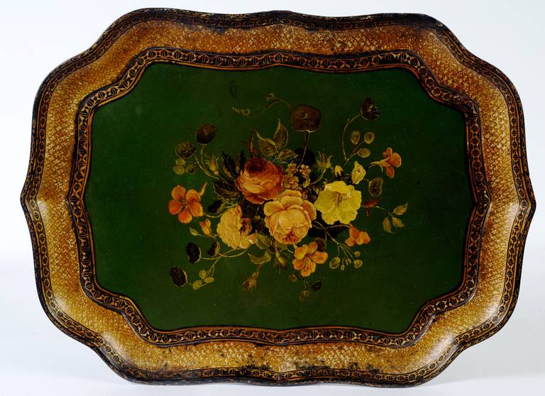 Papier mâché tray signed and made by Henry Clay, early 19th century. Henry Clay, of Birmingham England, patented a process for treating laminated sheets of paper with linseed oil to produce waterproof panels in 1772. Clay produced items ranging from