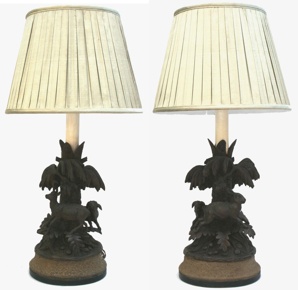 Carved Pair of Black Forest Animalier Lamps, c1880