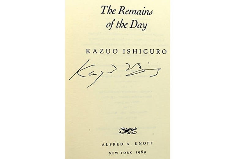 The Remains Of The Day by Kazuo Ishiguro. NY: Alfred A. Knopf, 1989. Signed 1st US Ed 245p hardcover with DJ. His 3rd novel awarded the Man Booker Prize for Fiction. A film adaptation of the novel, made in '93 starring Anthony Hopkins & Emma