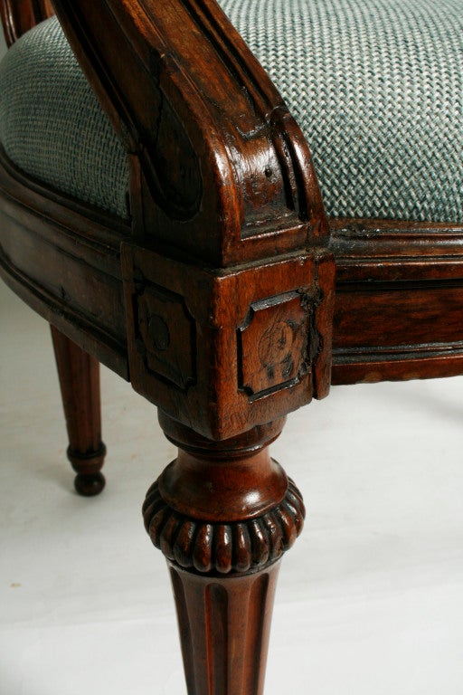 Carved Pair of Italian Neoclassical Walnut Armchairs, c1780