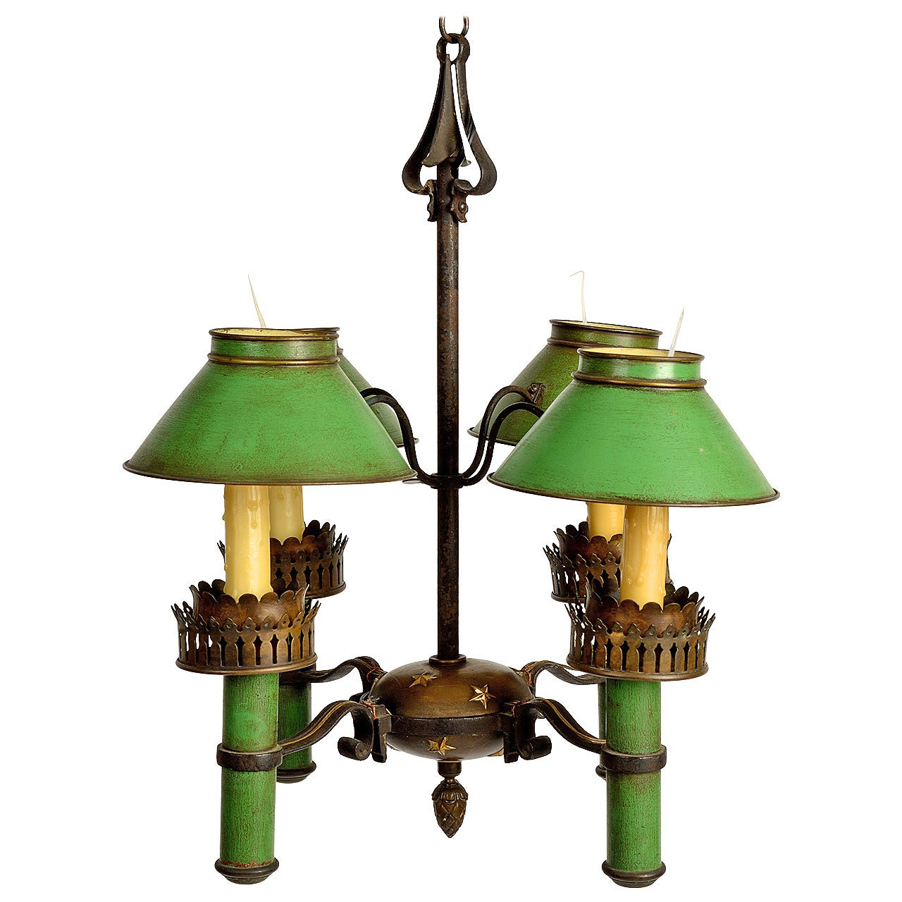 Painted Tole and Brass Four-Light Chandelier, Early 20th Century