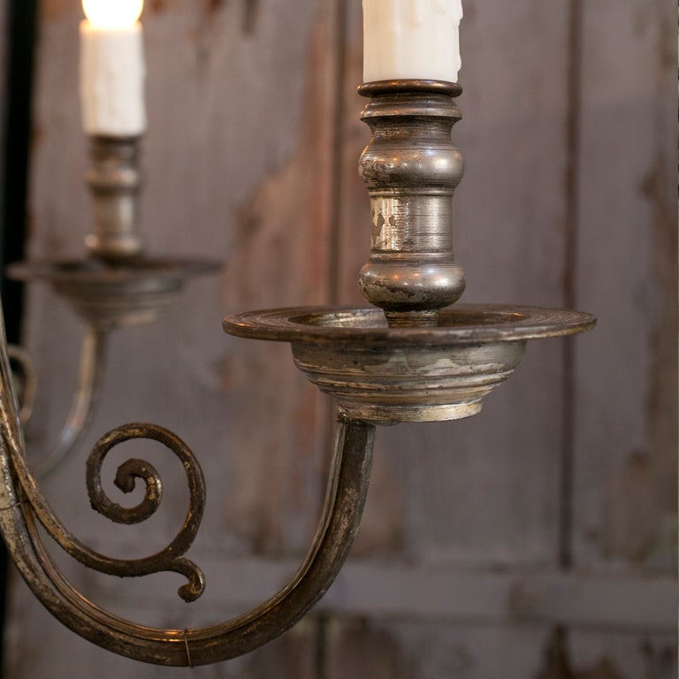 Nickel-Plated Flemish Style Six Arm Chandelier In Good Condition In Houston, TX