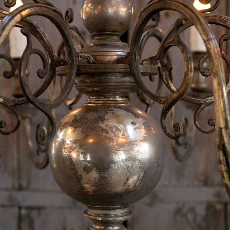 Mid-20th Century Nickel-Plated Flemish Style Six Arm Chandelier