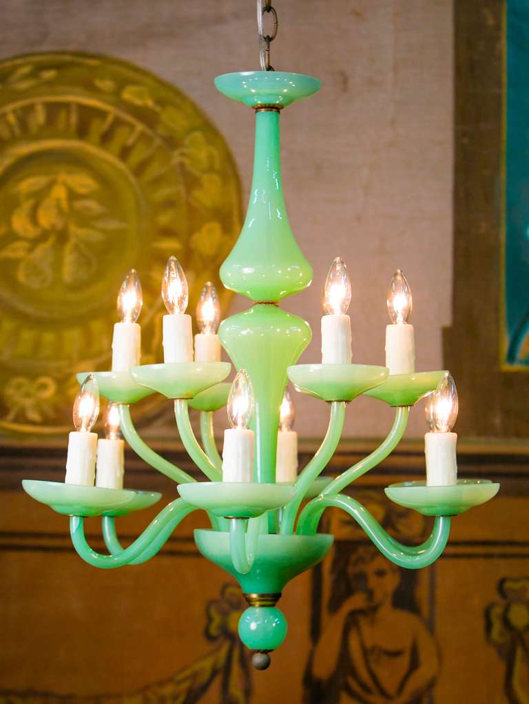 12 Arms

European, circa 1940s

Beautiful jade color

Wired for USA candlelabra sockets
