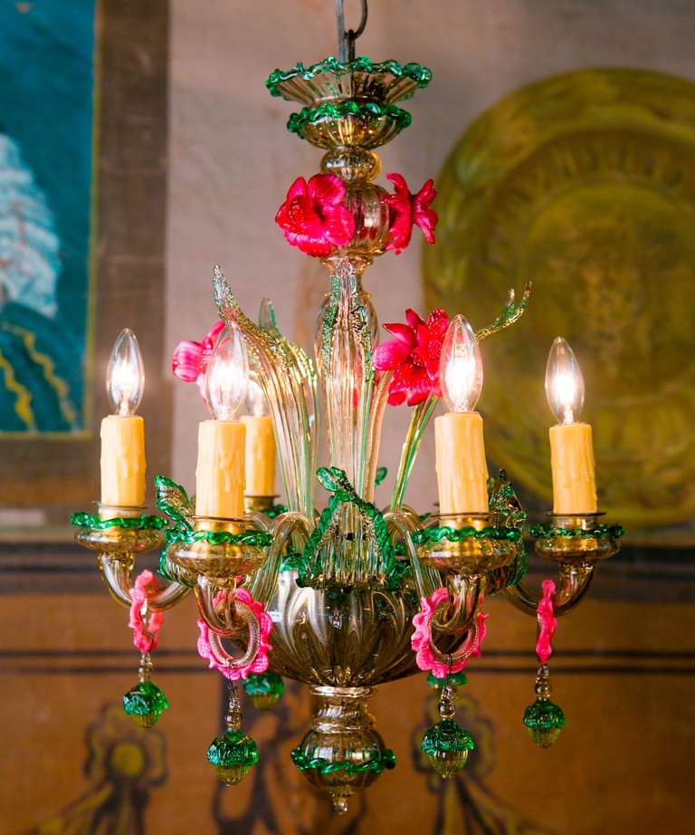 Six arm Murano chandelier. Hand-blown glass in green and pink. Italian likely dating from 1950s. All orginal parts. Re-wired for the USA with candelabra sockets.