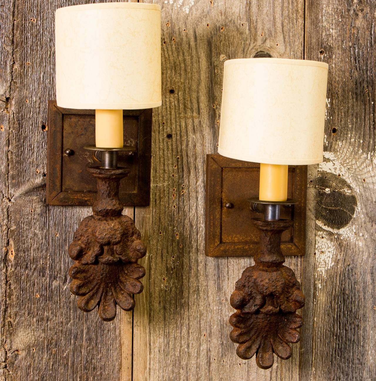 Pair of antique cast iron sconces from France circa 1880s. Original patina.  Re-wired for USA with new hand-made backplates. Shades included.