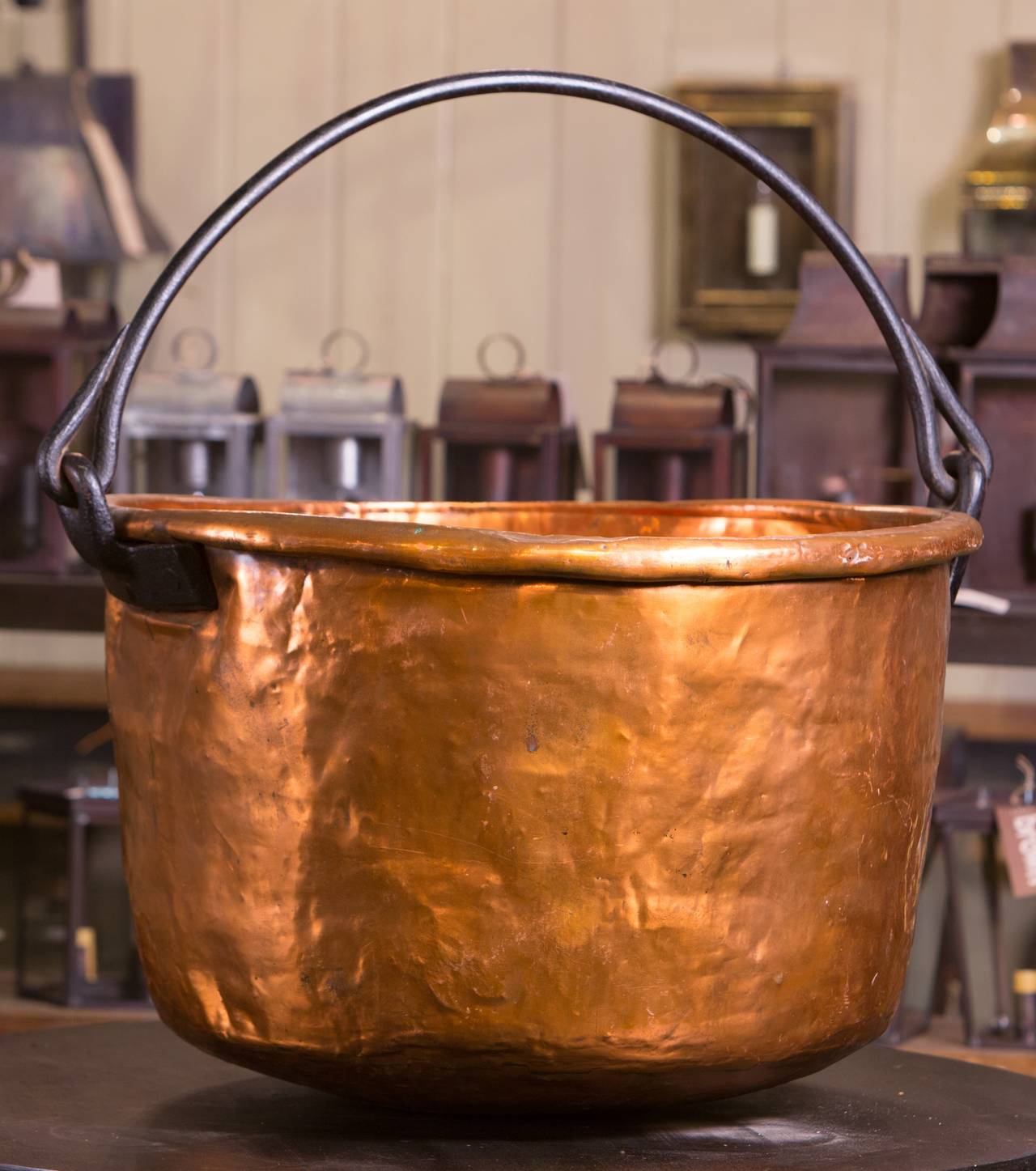 Hand-hammered copper with hand-forged iron handle. American circa 1890. All original.