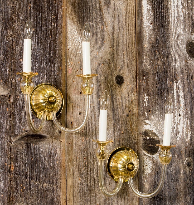 Vintage Murano glass sconces from Italy. Circa 1940s. Hand-blown glass and all original. Re-wired for the USA with candelabra sockets.