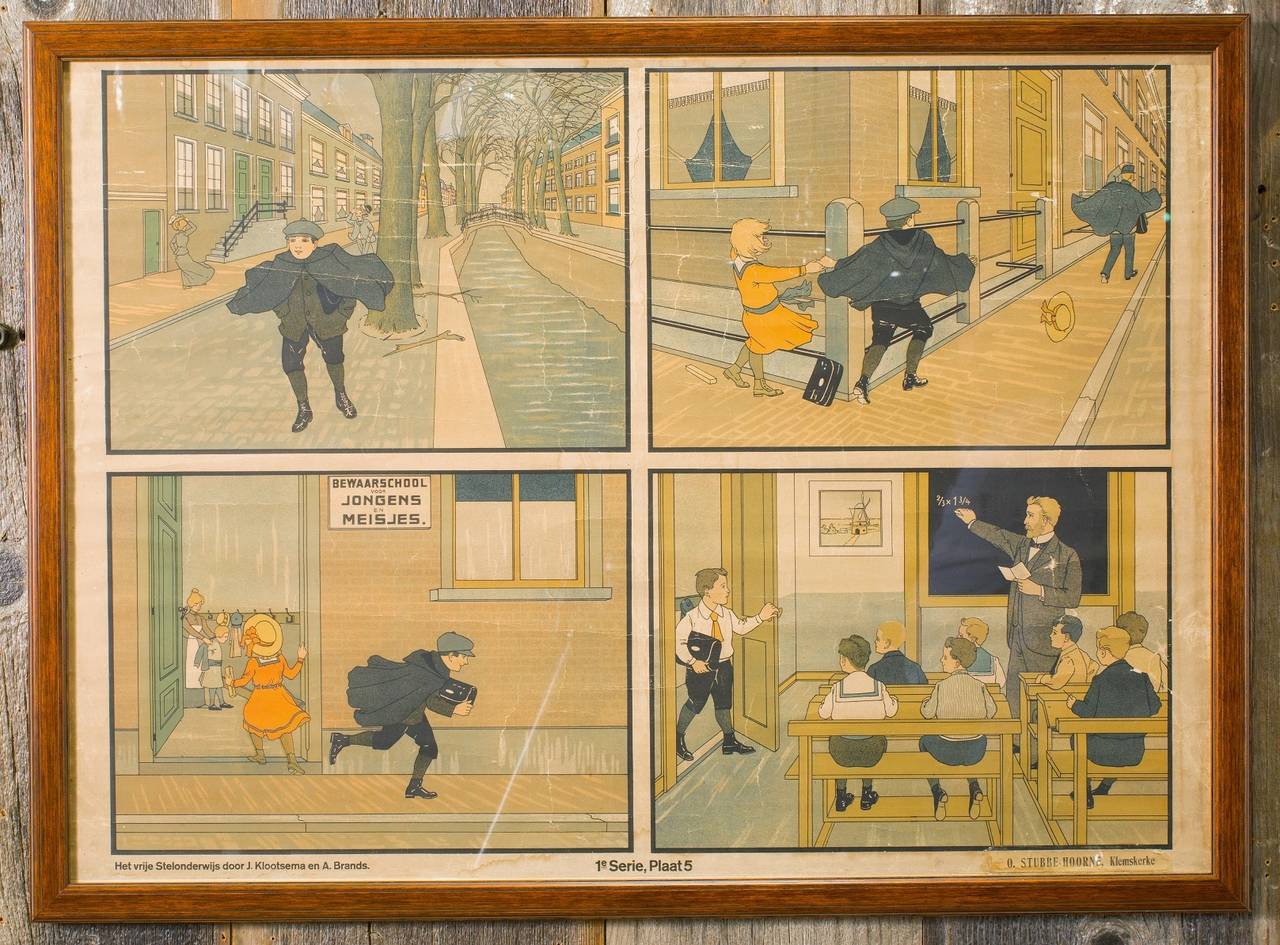 Belle Époque Assorted Collection of Five Framed Belgian Children's School Charts, circa 1900s