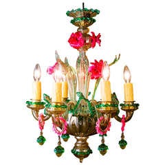 Vintage Pink and Green Floral Motif Murano Chandelier