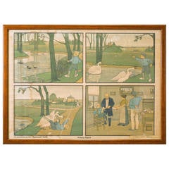 Assorted Collection of Five Framed Belgian Children's School Charts, circa 1900s