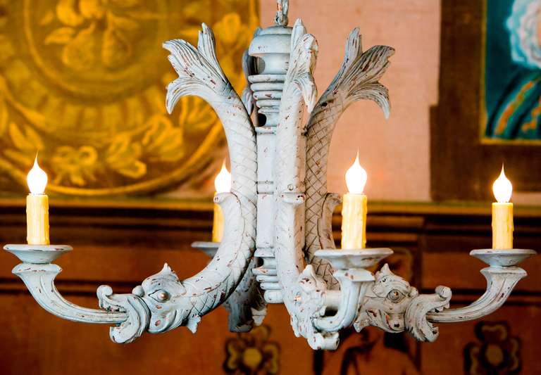 Vintage French chandelier circa 1940s.  Newly wired in the USA with candelabra sockets. Over-painted in light gray color.