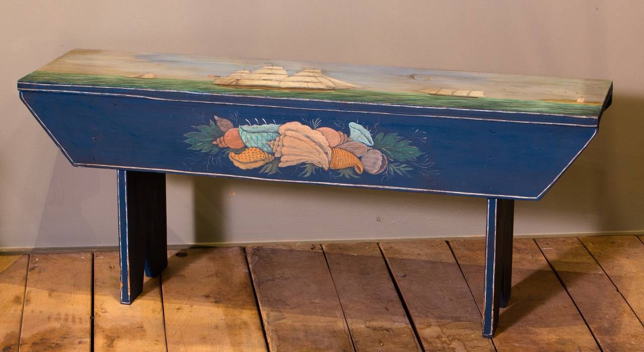Hand-painted by American neo-Primitive artist Lew Hudnall. Painted over antique bench, circa 1820. Painting was added in mid-20th century. Would be great for beach or coastal house. Top is painted with a clipper motif.