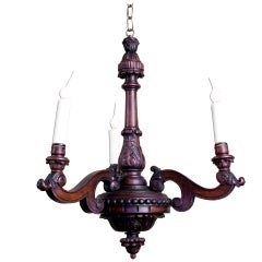 Vintage French Hand-Carved Wood Three-Arm Chandelier