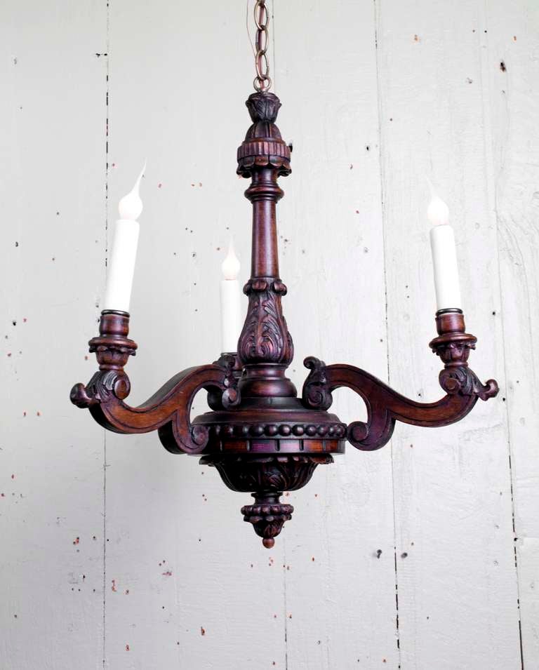 Vintage French Hand-Carved Wood Three-Arm Chandelier