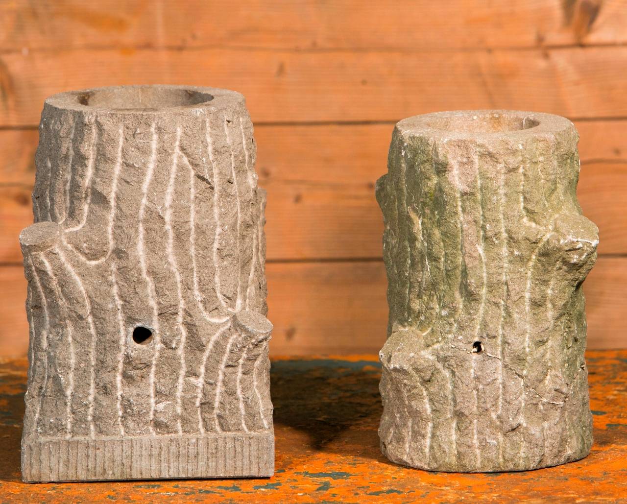 Collection of three carved blue stone planters with faux-bois motif. Hand-carved in France, circa 1940s.