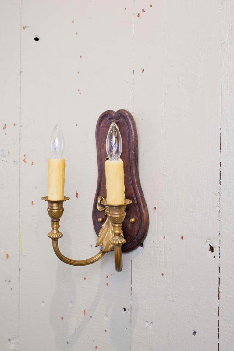 Pair French Wood and Brass Two-Arm Sconces with Bow Detail, circa 1900