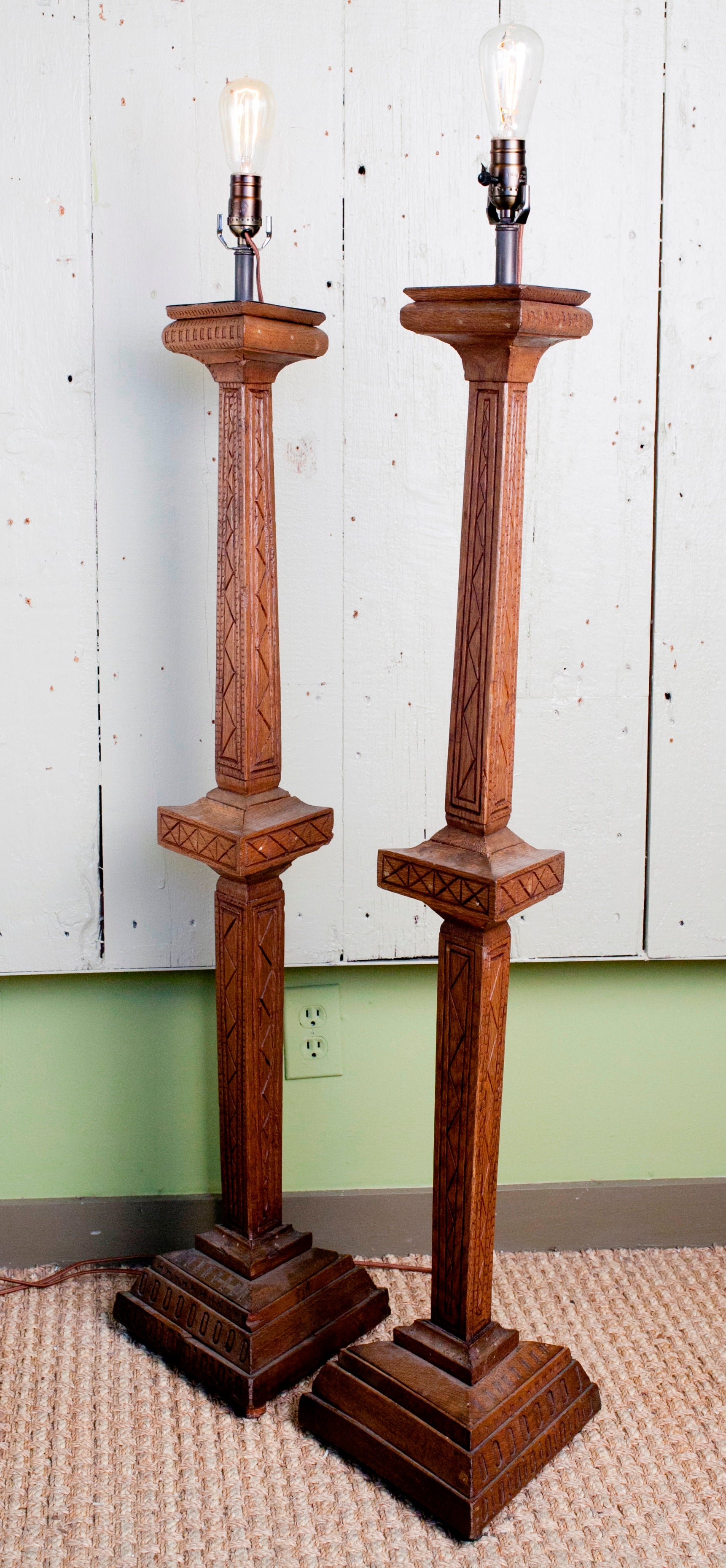 Hand-Carved French Wooden Table Lamps (Pair)