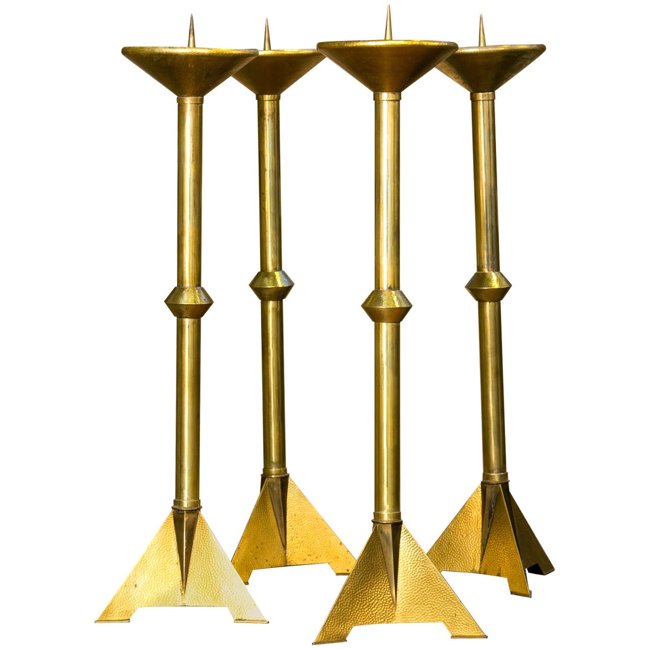 Large Hammered Brass "Brutalist" Candleholders/Altar Sticks