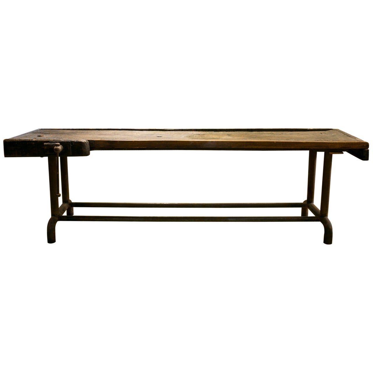Long Industrial Work Table with Wood Top and Iron Base from Holland, circa 1900