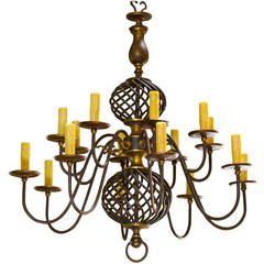 Sixteen-Arm Wrought Iron and Brass Two-Tier Chandelier from Belgium, circa 1940