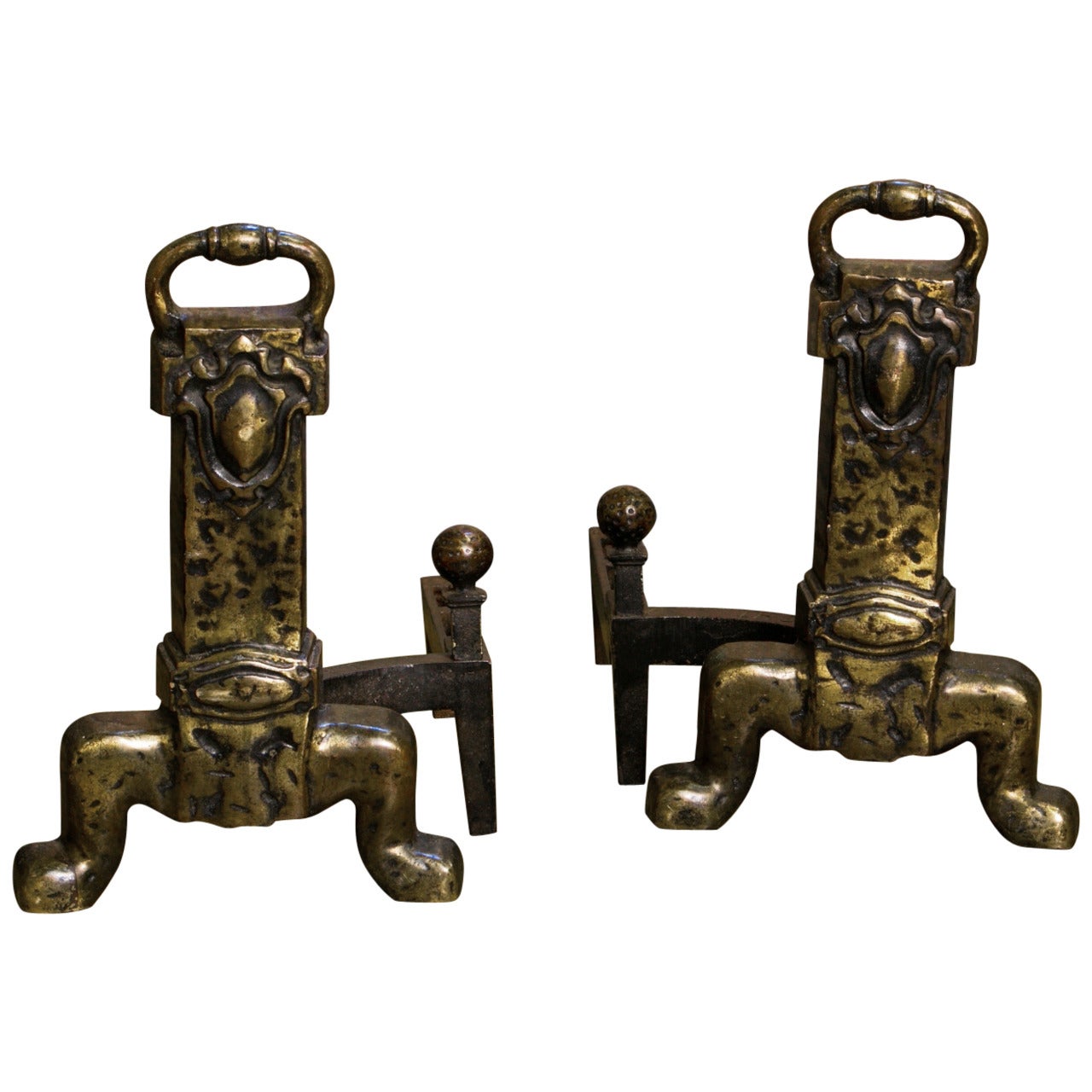 Pair English Arts & Crafts-Style Hammered Bronze Andirons circa 1930 For Sale