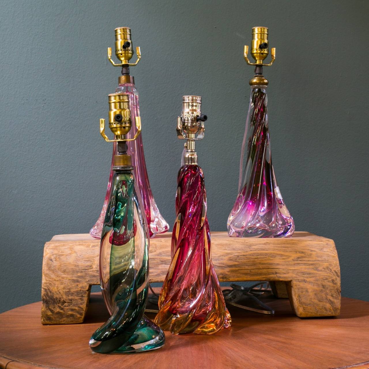 Authentic Val St. Lambert hand-blown glass lamps from Belgium, circa 1960. Beautiful array of colors and expert craftsmanship. Heavy crystal glass. Several of the lamps have the original sticker attached. Re-wired for the USA with UL-listed parts.
