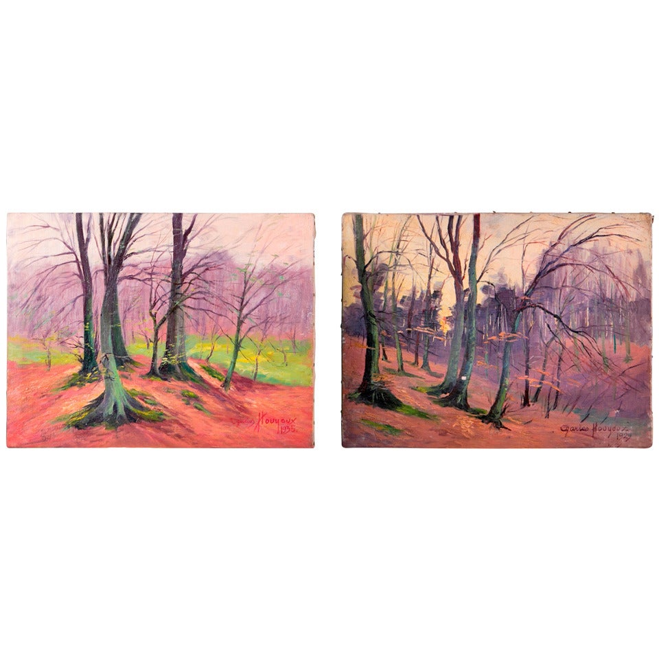 Pair Vintage Original Oil Paintings of Belgian Forests