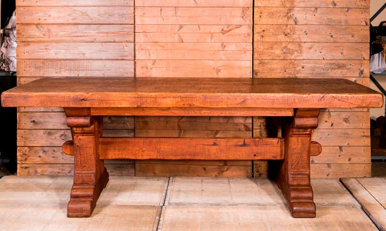 Hand-made heavy oak trestle table from France. Likely dates from the 1940s.