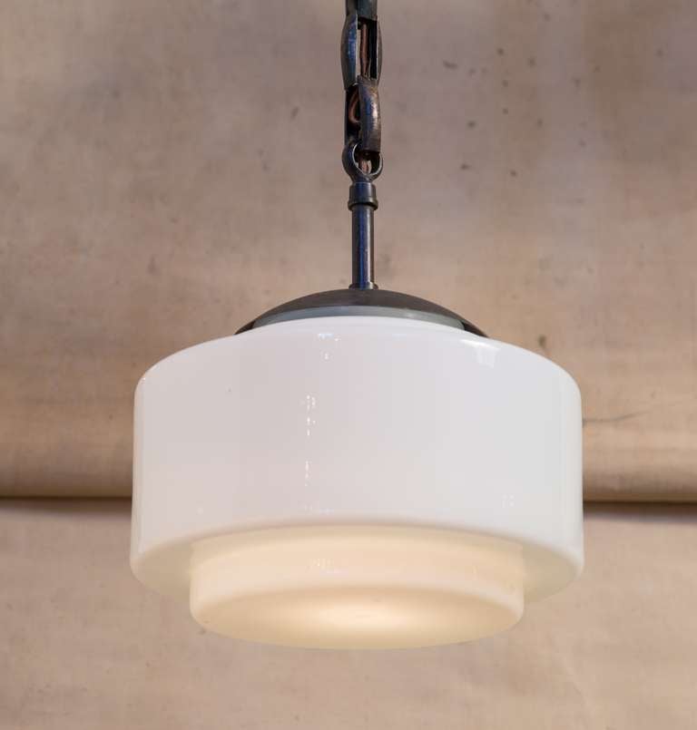 Period piece. Milk glass pendant with original chain. From Italy, circa 1960s. Rewired for the USA.