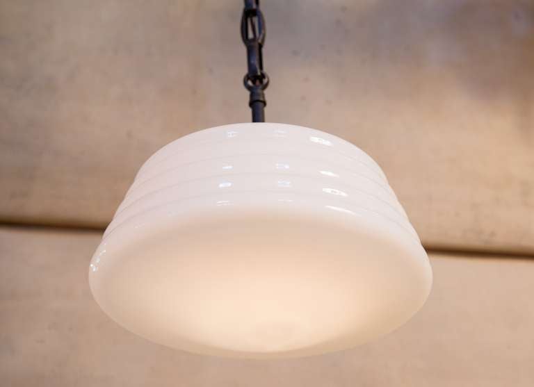 Period piece. Milk glass pendant with original chain. From Italy, circa 1960s. Rewired for the USA.