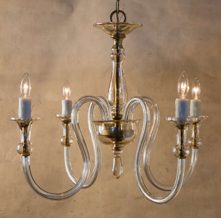 Hand-blown Murano glass chandelier. Four arm chandelier re-wired for the USA with candelabra sockets. All original parts.