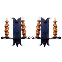 Pair of Barley Twist and Iron Two Arm Sconces