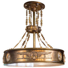 Antique French Art Deco Brass, Glass and Crystal Chandelier