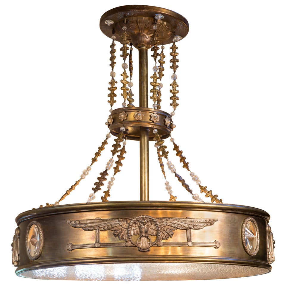 French Art Deco Brass, Glass and Crystal Chandelier