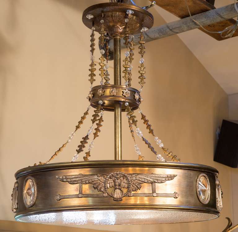 Very interesting one of a kind Art Deco light. From France circa 1920s. Re-wired for USA. Owl motif in casting with an Egyptian look. Would make an interesting island or billiard table light.  Magnificent quality.