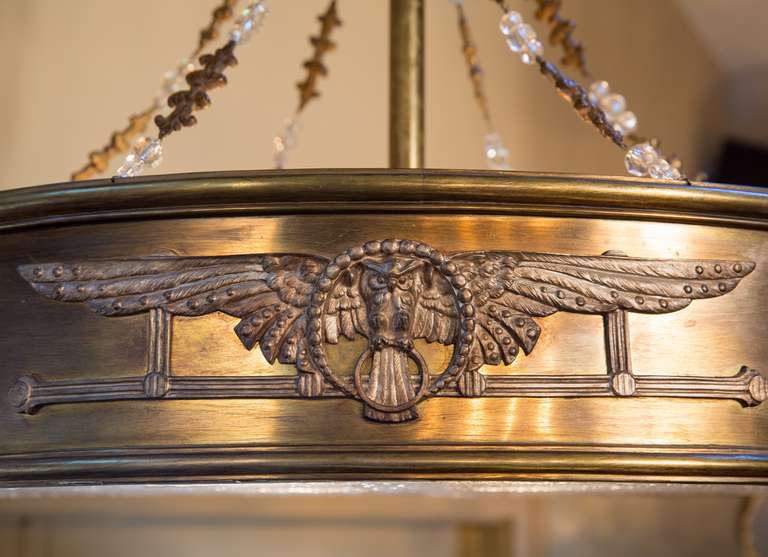 Early 20th Century French Art Deco Brass, Glass and Crystal Chandelier