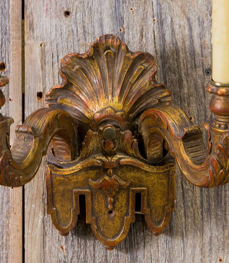 Over-Painted, Vintage, Hand-Carved French Wood Sconces In Excellent Condition In Houston, TX