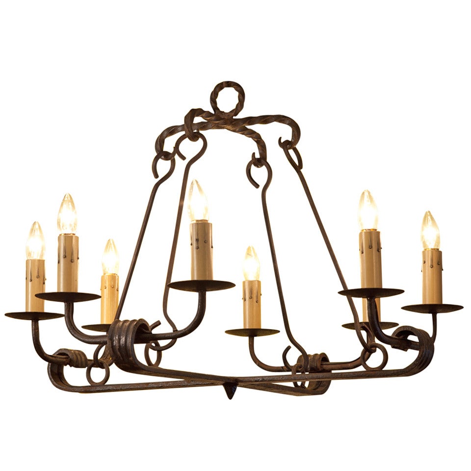  American Blacksmith-Made Custom Eight-Light Iron "Fayette" Chandelier For Sale