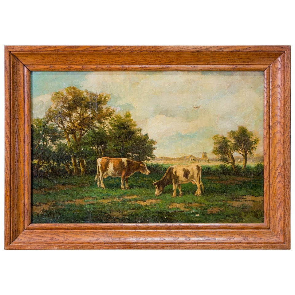 Vintage French Oil Painting of Cows