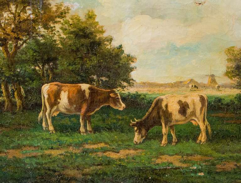 Vintage French Oil Painting of Cows In Good Condition In Houston, TX