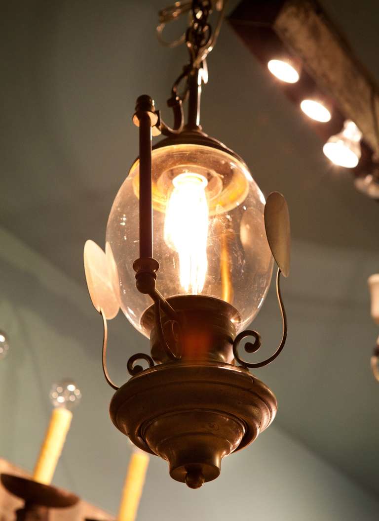 Antique Dutch hanging lantern. Unusual and striking design with two outside reflectors. Re-wired for the USA.