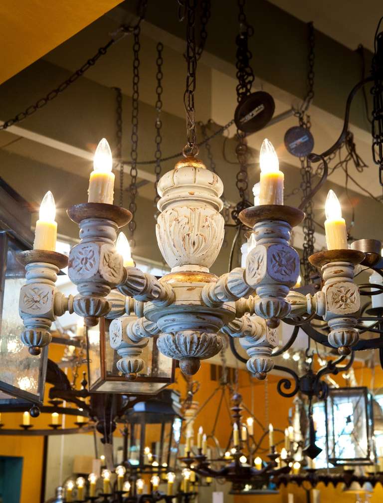 French Vintage Over-Painted Six-Arm Oak Chandelier