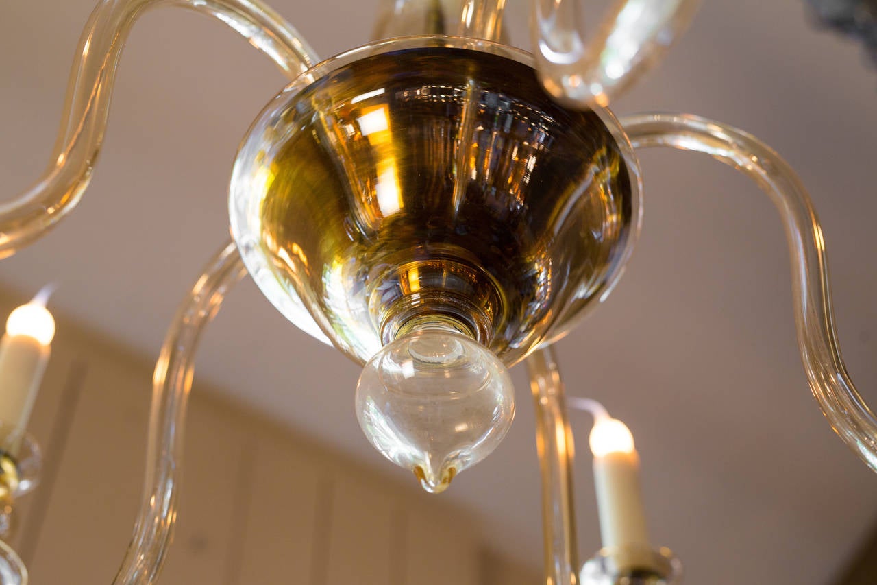 Champagne colored, vintage hand blown Moderne Murano chandelier. Italy, 1960s. Newly rewired with all UL approved parts. Six arms with candelabra sockets.