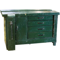 Antique Green Belgian Industrial Work Bench with Drawers, circa 1920