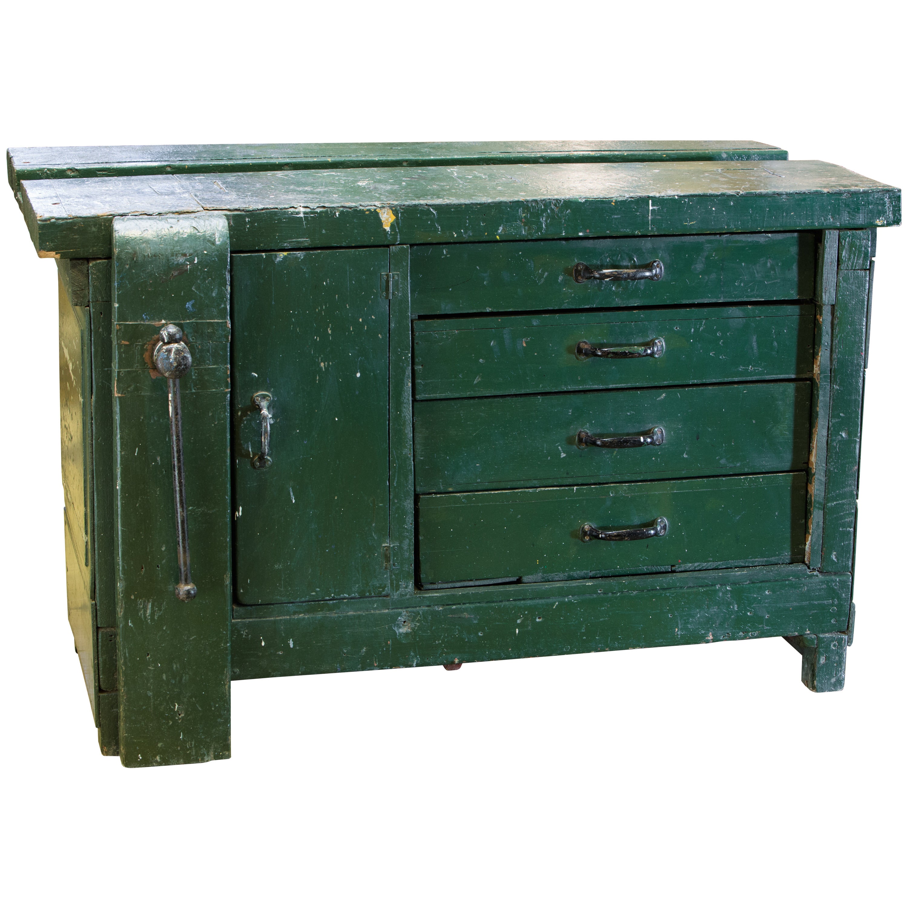 Vintage Green Belgian Industrial Work Bench with Drawers, circa 1920